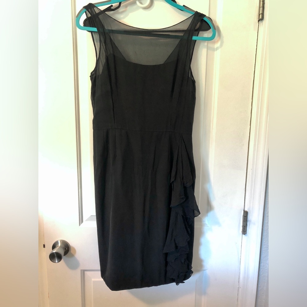 Teri Jon Vintage Black Asymmetrical Sheath Dress with Mesh Neckline